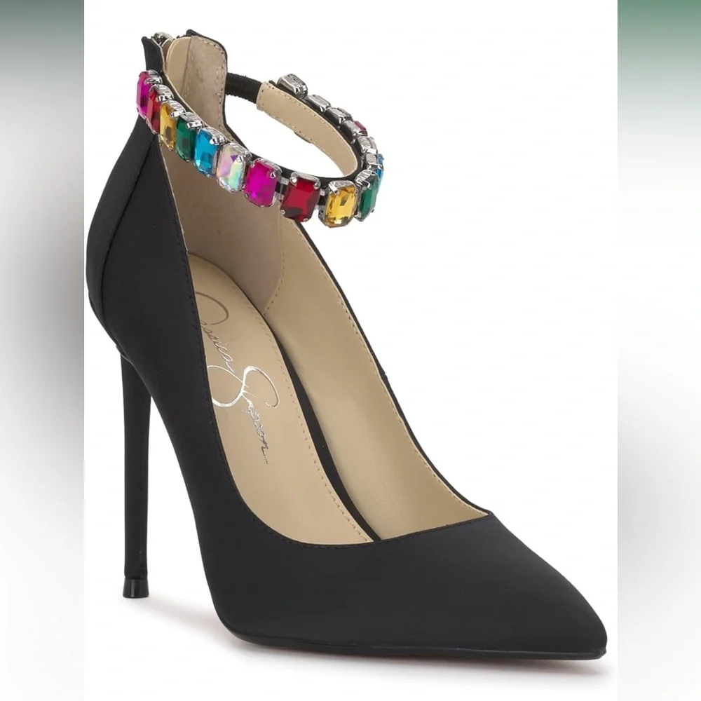 Jessica Simpson Black Heels with Vibrant Gem Strap - Picture 1 of 7